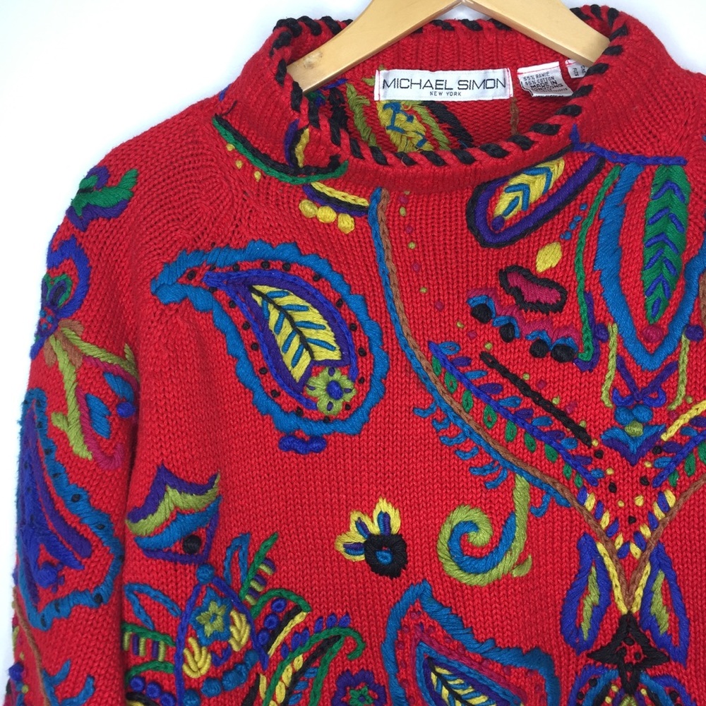 RARE VTG Michael Simon embroidered sweater red - Picture 2 of 3